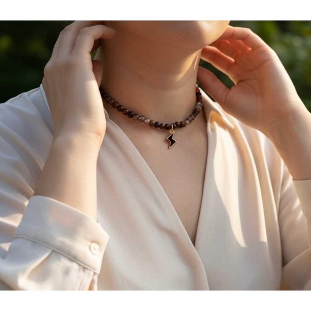 Handmade Beaded Choker Necklace Black Lightning Bolt Charm Brown Burgundy 17in